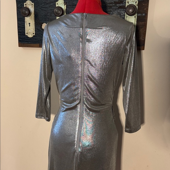 Pink Tartan Metallic Platinum Silver Drape Twist Long Sleeve Dress Size XS - Picture 12 of 14